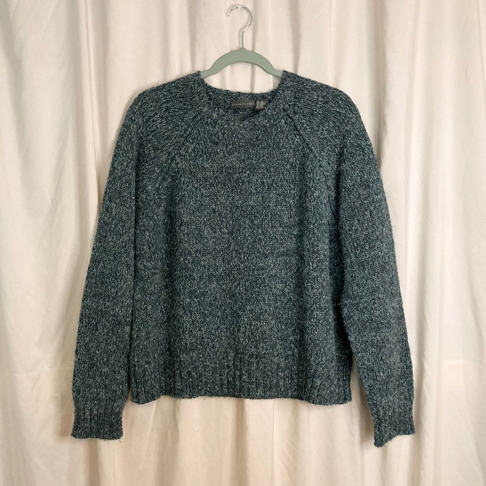 Teal Marled Chunky Knit Fuzzy Wool Blend Sweater Raglan Relativity Women XL Boho